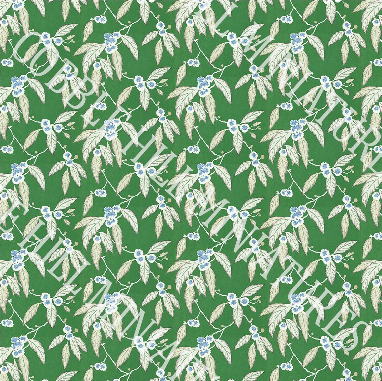 Dollhouse Wallpaper, Miniature 1:12, Green Botanical with Blue Berries