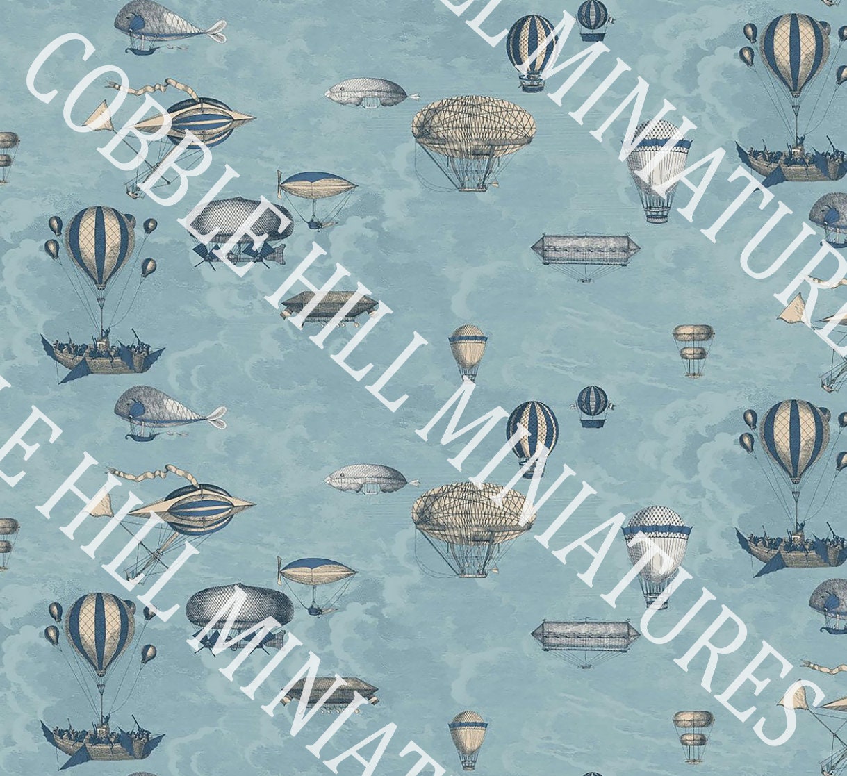 Dollhouse Wallpaper, Miniature 1:12, Whimsical Blue Balloon, Peel and Stick or Premium Matte; Nursery