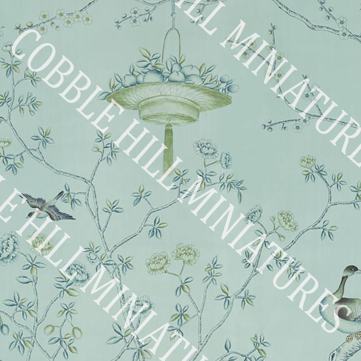 Blue Green Floral Chinoiserie with Birds