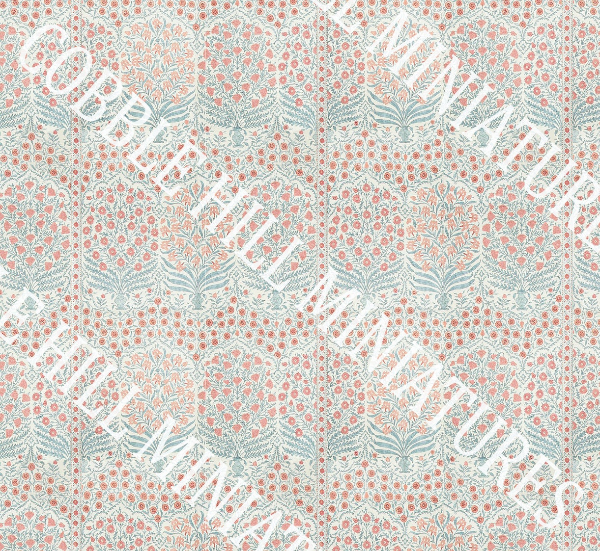 Dollhouse Wallpaper, Miniature 1:12, Blue and Pink Block Print Floral Bouquet, Modern