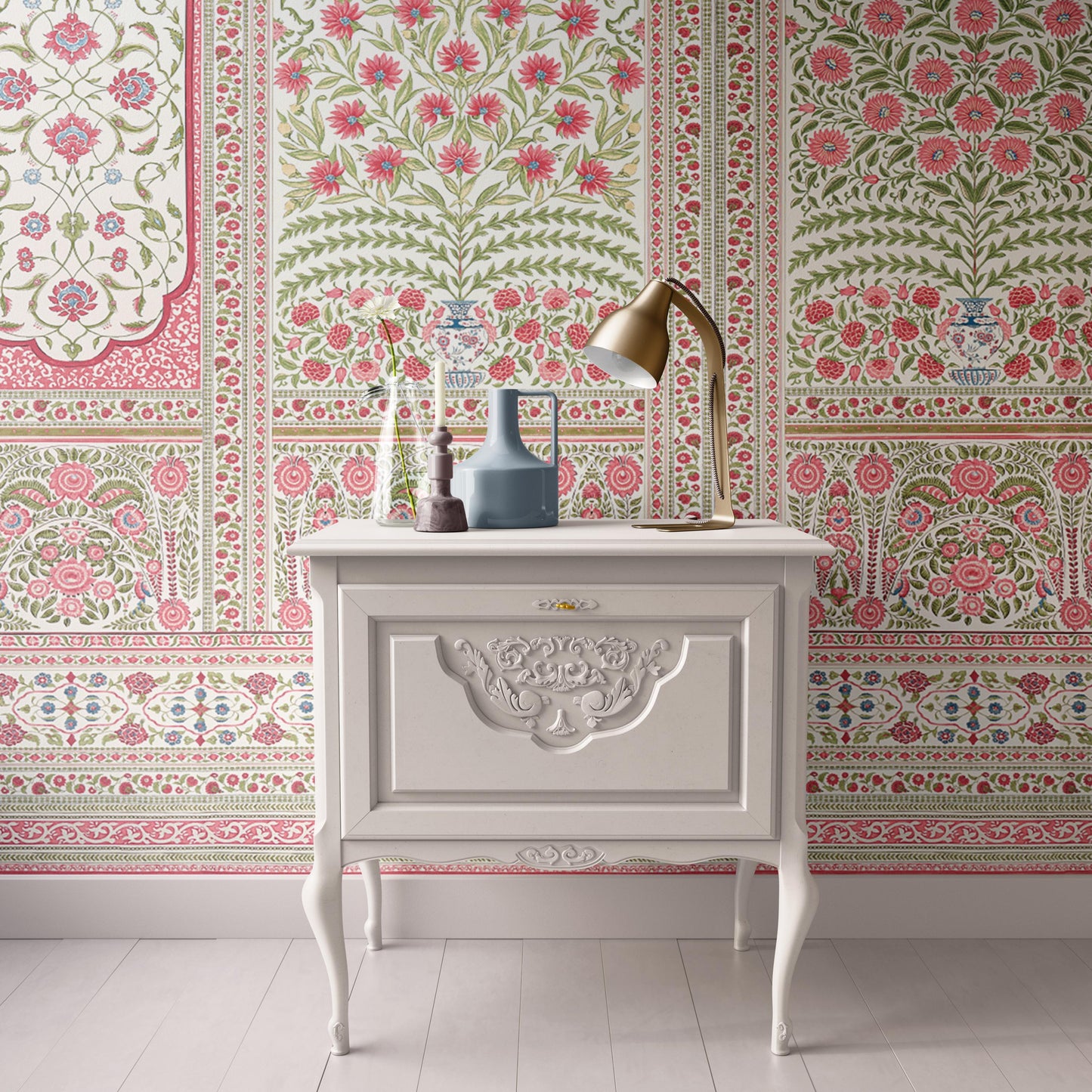 Dollhouse Wallpaper, Miniature 1:12, Floral Block Print Panel; Indian Pink and Green, Traditional Peel and Stick or Premium Matte