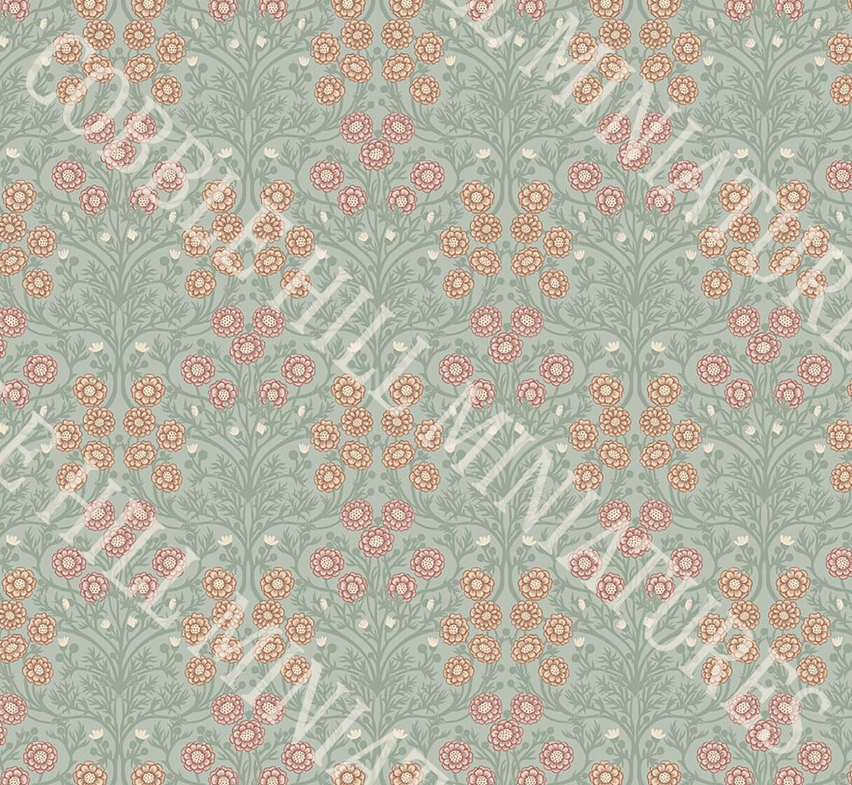 Dollhouse Wallpaper, Miniature 1:12, Blue-Gray-Green & Coral Floral