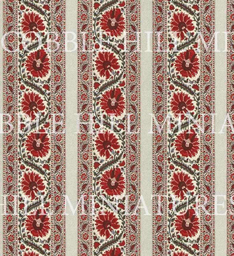 Dollhouse Wallpaper, Miniature Striped Red Floral, 1:12; Peel and Stick or Premium Matte