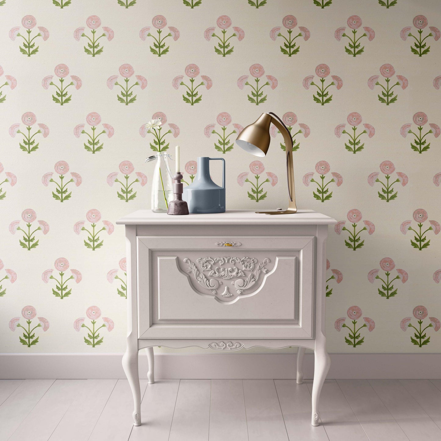 Dollhouse Wallpaper, Miniature 1:12, Floral Block Print; Pink, Green, and Beige, Traditional Peel and Stick or Premium Matte