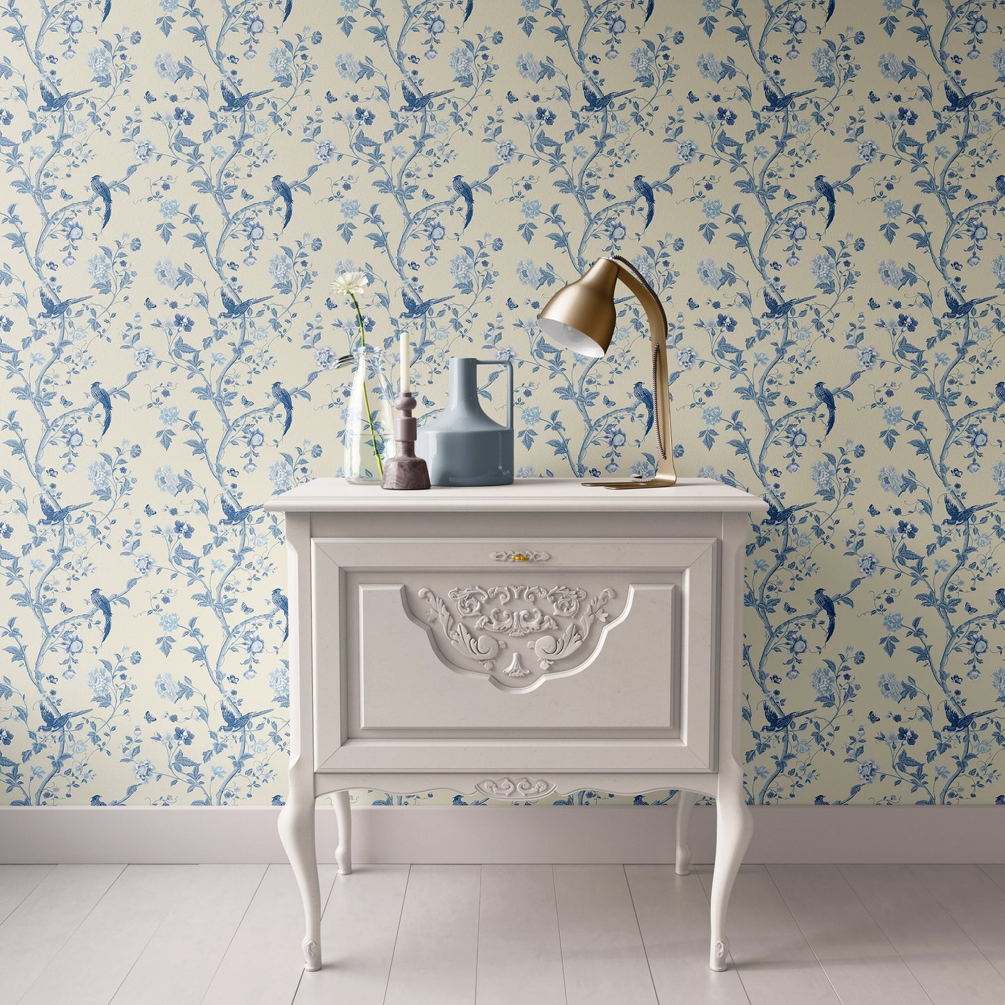 Dollhouse Wallpaper, Miniature Cream Blue Bird Chinoiserie , 1:12, Peel & Stick or Premium Matte