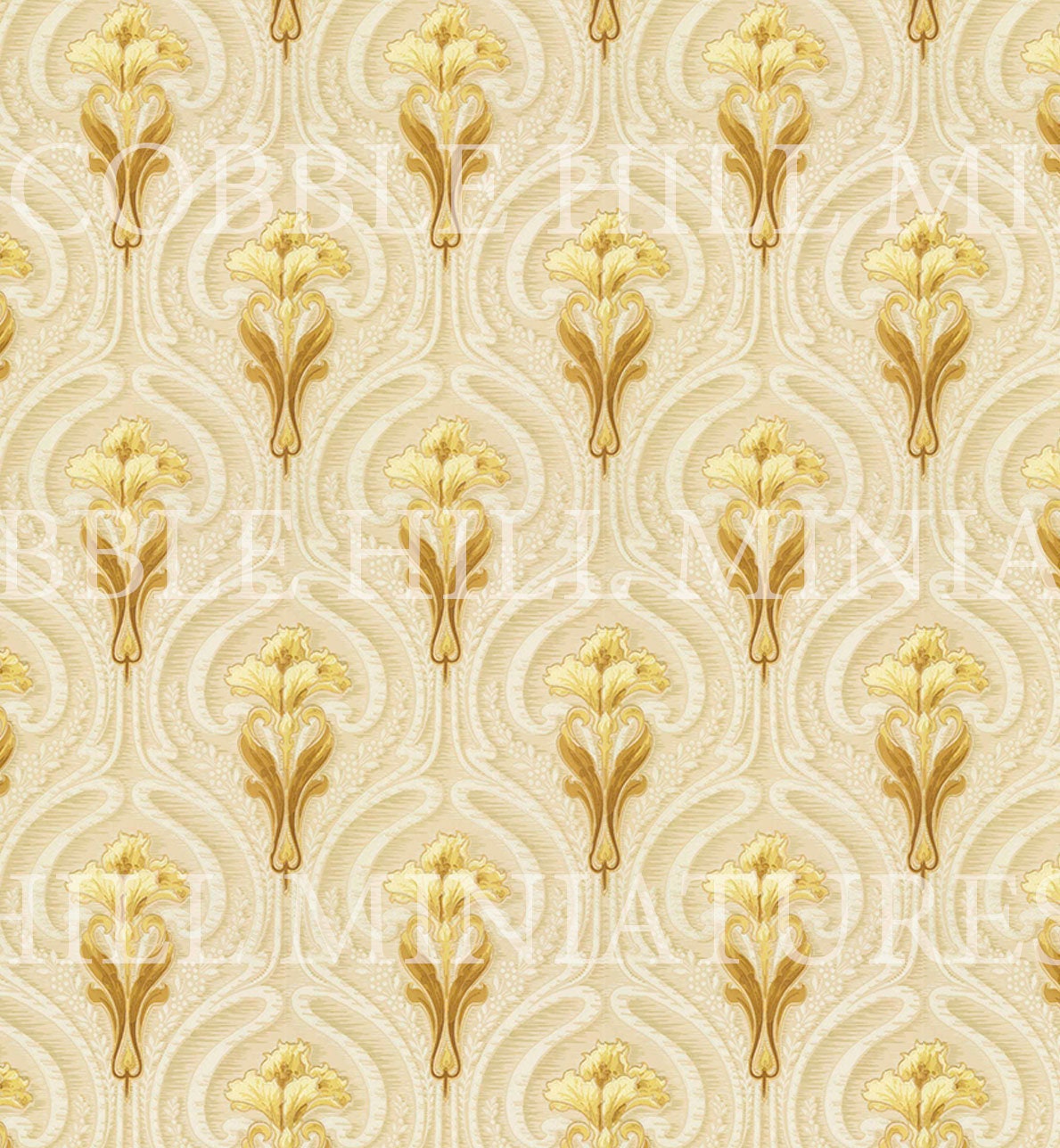 Dollhouse Wallpaper, 1:12 Miniature, Victorian, Peel and Stick or Premium Matte; Gold and Beige Trumpet Floral