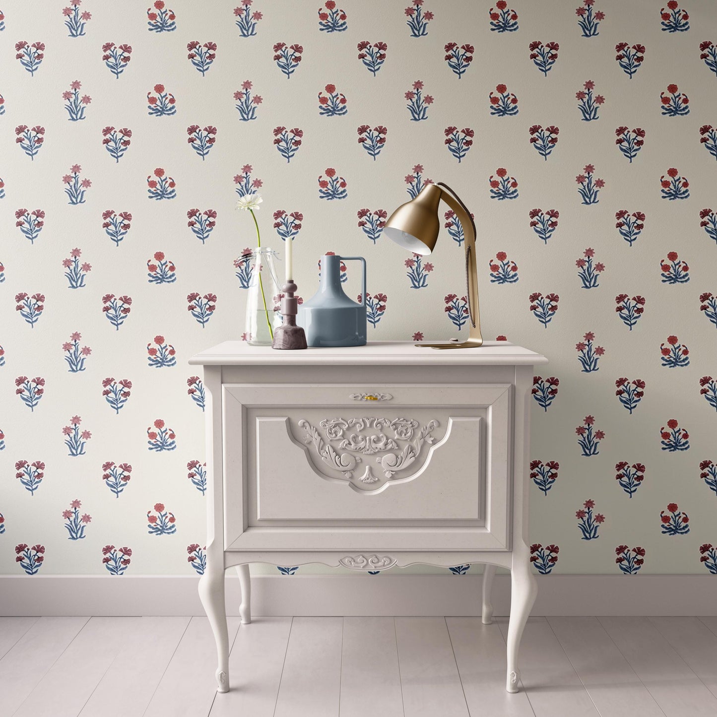Dollhouse Wallpaper, Miniature 1:12, Shabby Chic Floral Block Print; Country Red Blue on Cream, Traditional Peel and Stick or Premium Matte