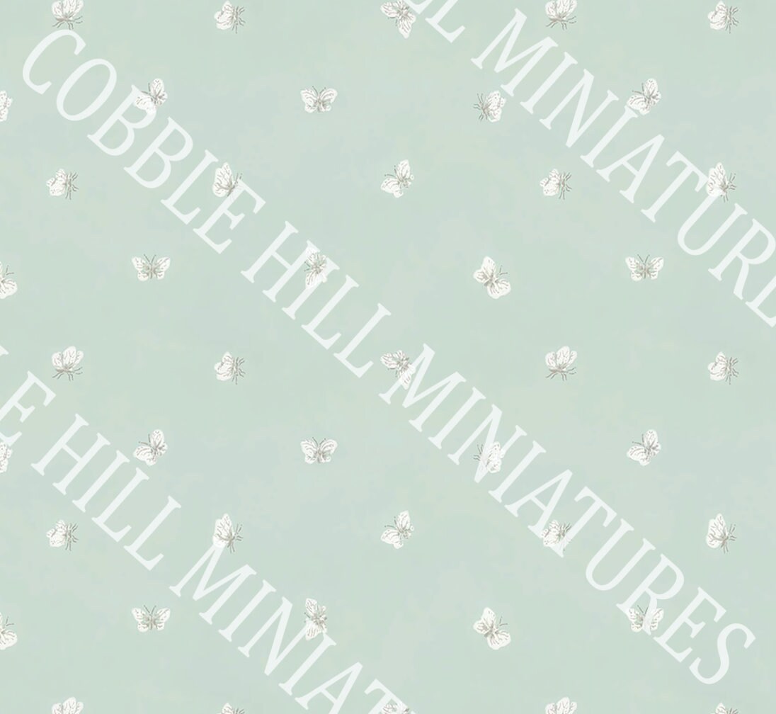 Dollhouse Wallpaper, Miniature 1:12, Butterflies, Nursery or Children's Room, Whimsical Seafoam Blue-Green