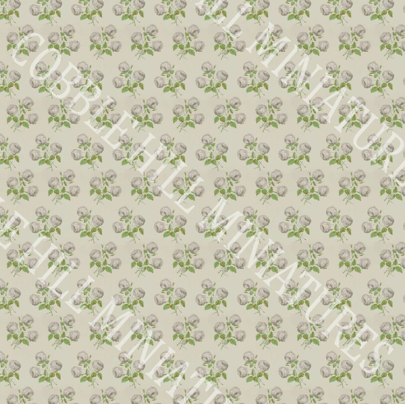 Dollhouse Wallpaper, Miniature 1:12, Vintage Floral Chintz Off-White and Green