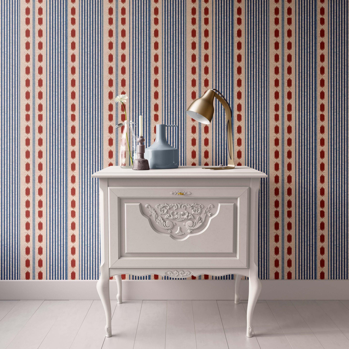 Dollhouse Wallpaper, Miniature 1:12, Patterned Blue and Red Geometric Stripe, Modern or Traditional Peel and Stick or Premium Matte