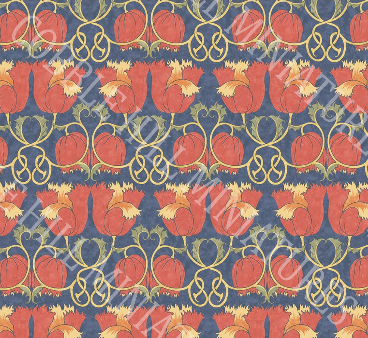Dollhouse Wallpaper, Miniature 1:12, Interlocking Red Roses on Blue