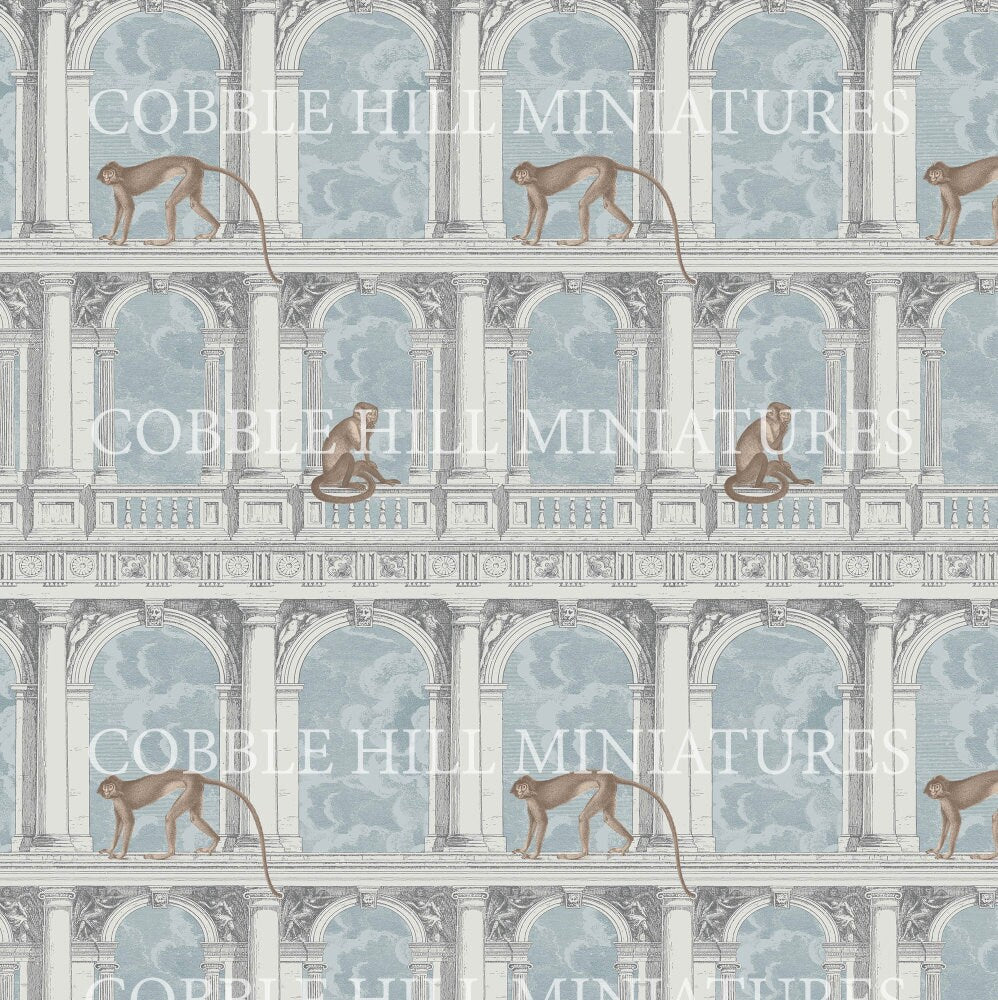 Dollhouse Wallpaper, Miniature 1:12, Blue Monkeys