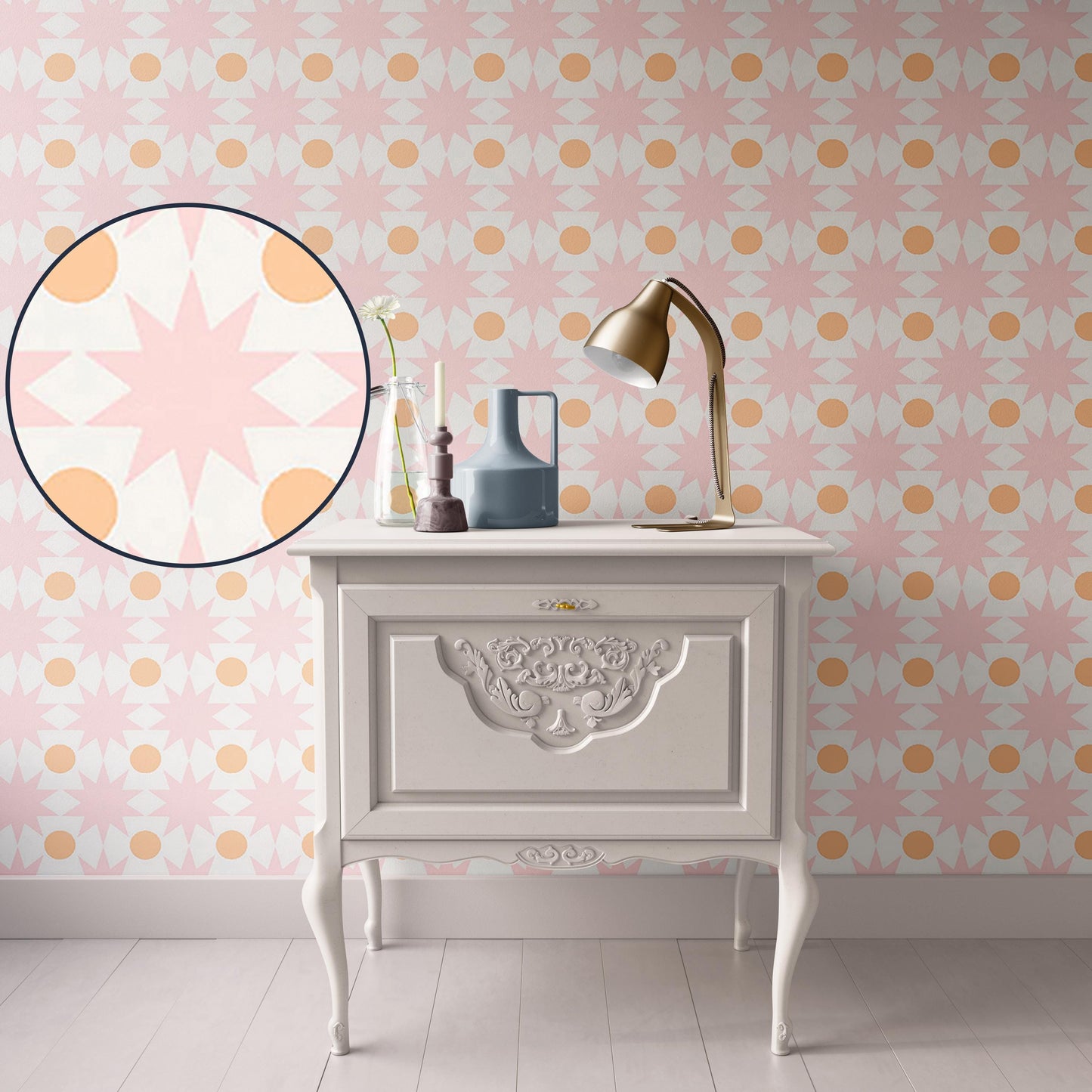 Dollhouse Wallpaper, Geometric Modern Pink and Orange, Miniature 1:12; Peel & Stick or Premium Matte