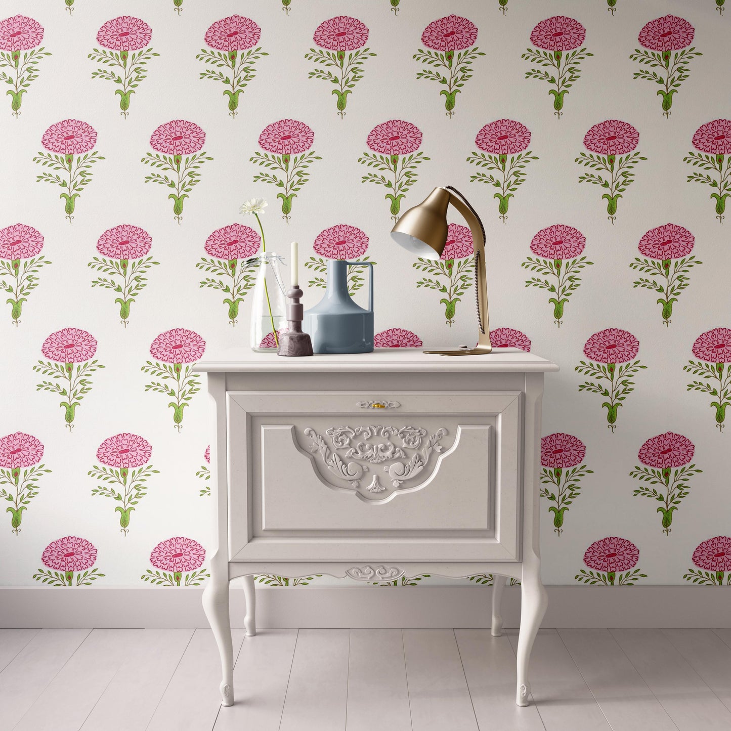 Dollhouse Wallpaper,  Miniature 1:12, Floral Block Print Indian; Pink and Cream, Traditional Peel and Stick or Premium Matte