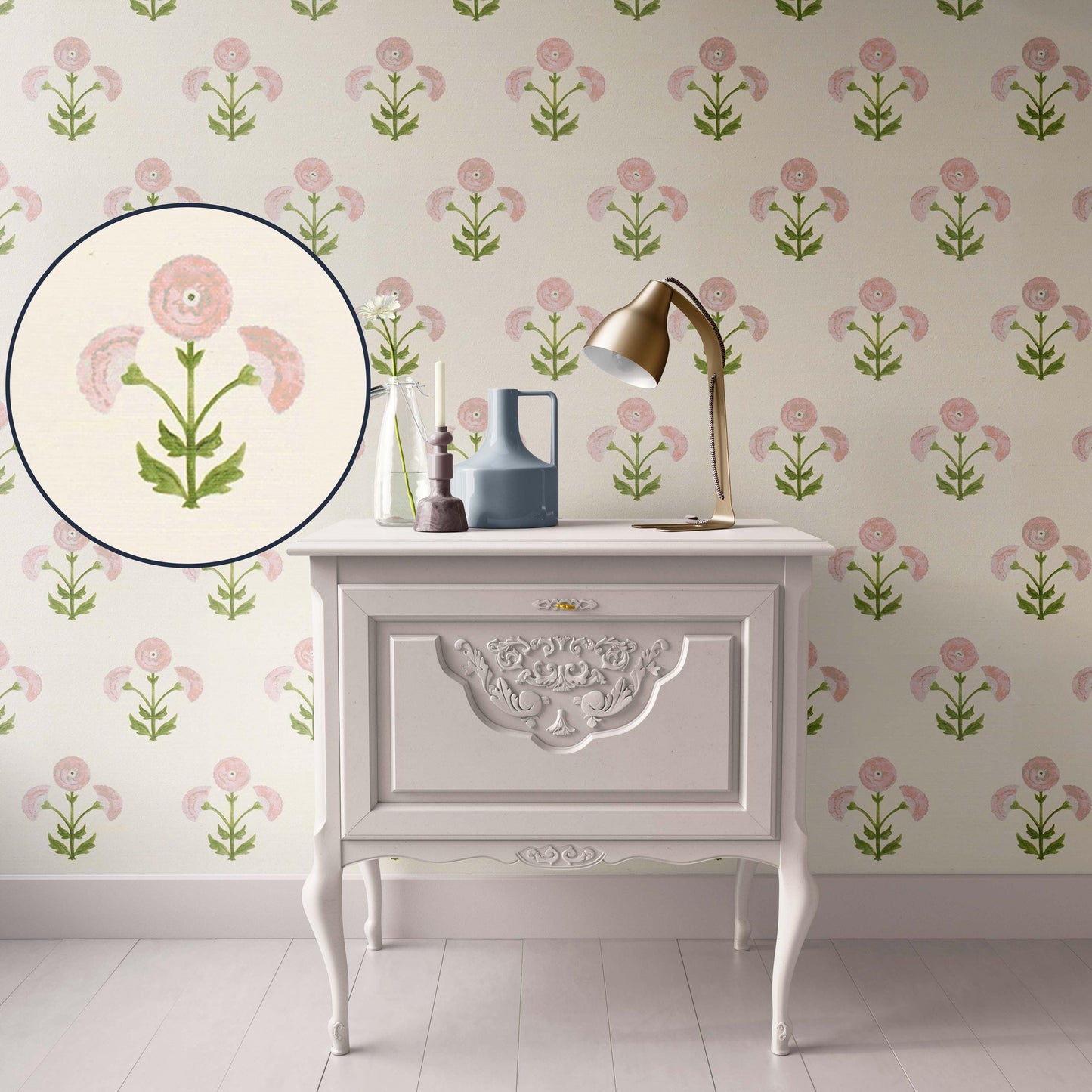 Dollhouse Wallpaper,  Miniature 1:12, Floral Block Print; Pink, Green, and Beige, Traditional Peel and Stick or Premium Matte