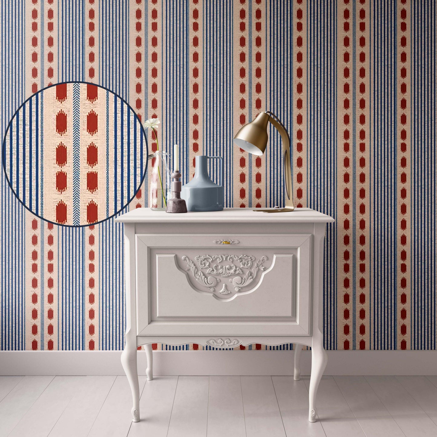 Dollhouse Wallpaper,  Miniature 1:12, Patterned Blue and Red Geometric Stripe, Modern or Traditional Peel and Stick or Premium Matte