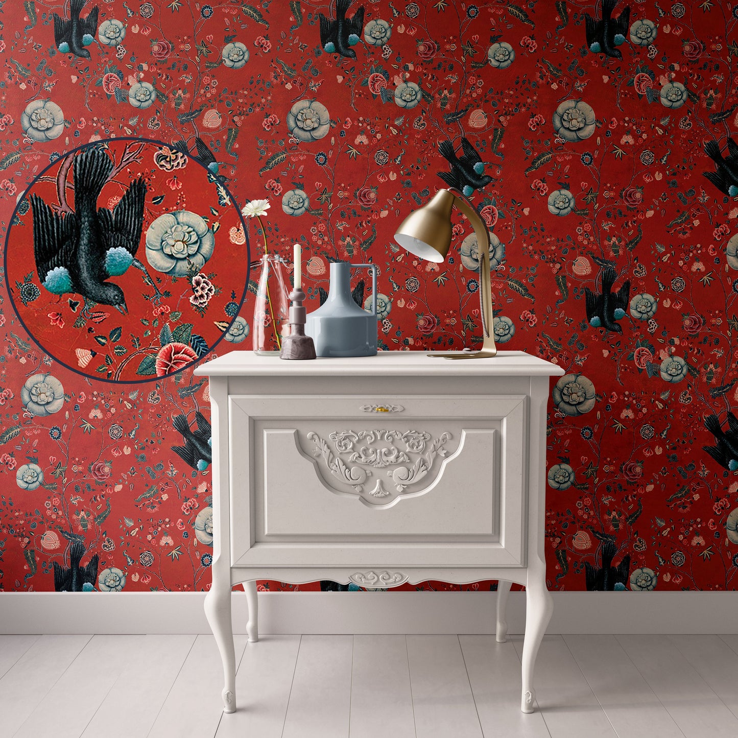 Luxury Dollhouse Wallpaper Miniature , Exotic Red and Blue,1:12; Peel and Stick or Premium Matte