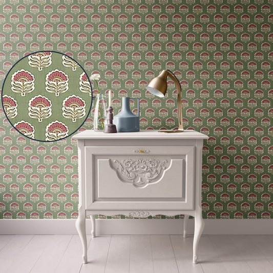 Dollhouse Wallpaper,  Miniature 1:12, Floral Block Print; Olive and Dark Pink, Traditional Peel and Stick or Premium Matte