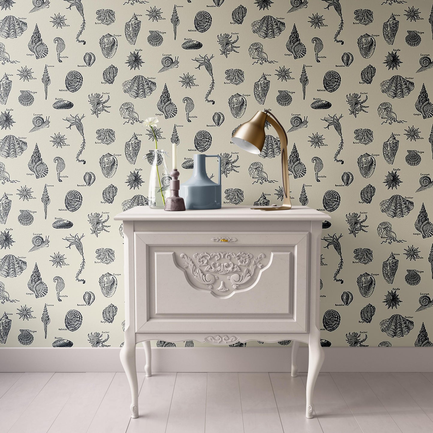 Dollhouse Wallpaper, Beige Beachy Shells, Modern Neutral Nautical, Miniature 1:12; Peel & Stick or Premium Matte