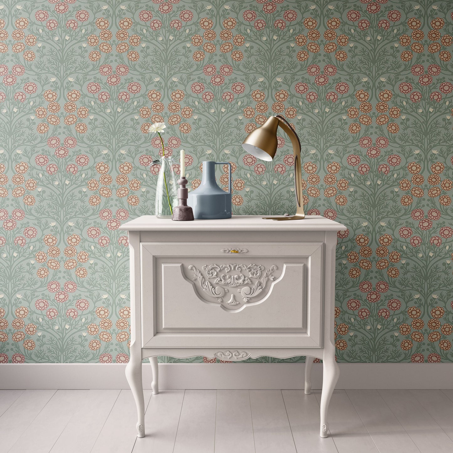 Dollhouse Wallpaper, Miniature 1:12, Blue-Gray-Green & Coral Floral