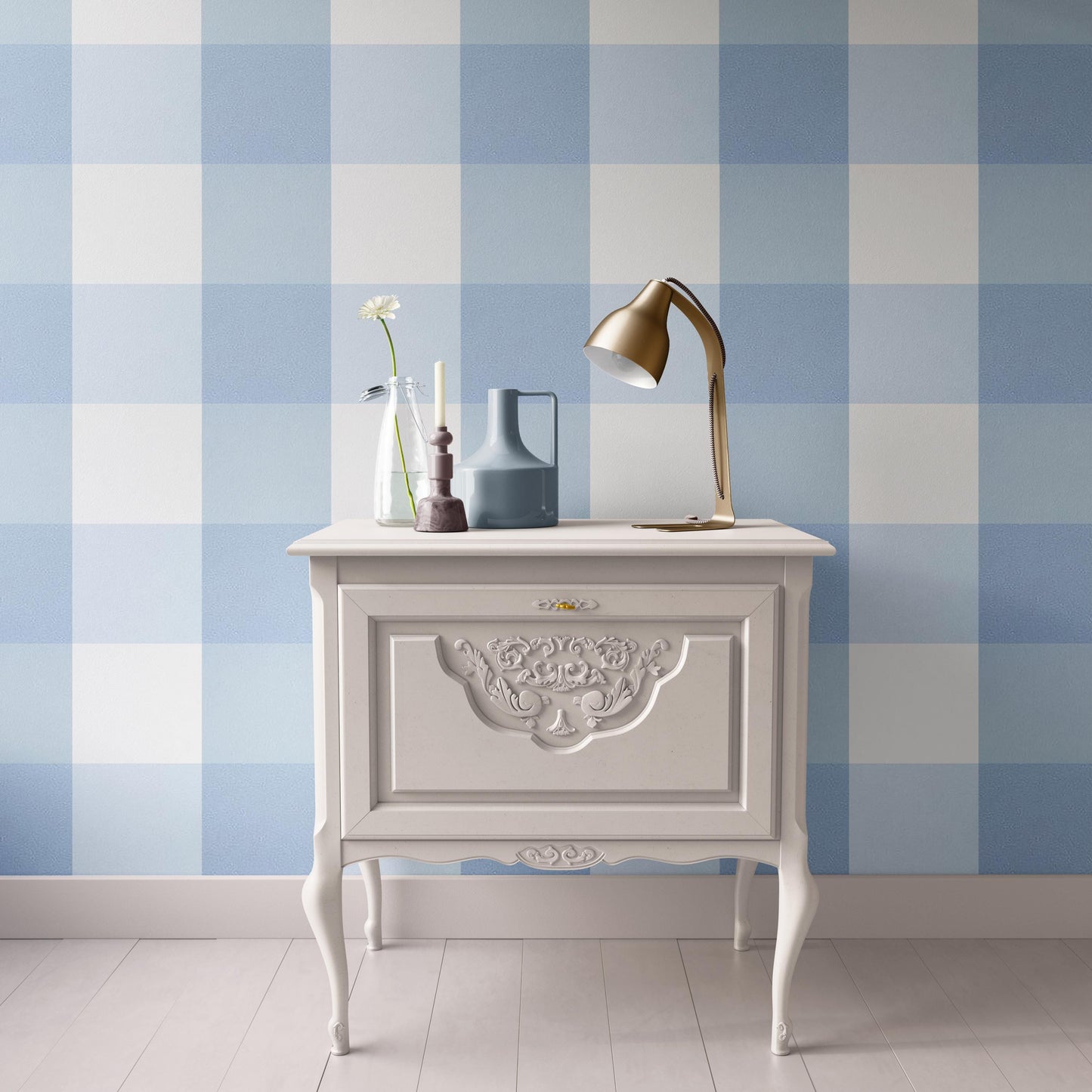 Dollhouse Wallpaper Miniature; White and Blue Plaid Buffalo Checks Modern 1:12; Peel and Stick or Premium Matte