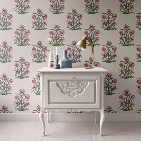 Dollhouse Wallpaper Pink and Beige Block Print Floral - Large Print