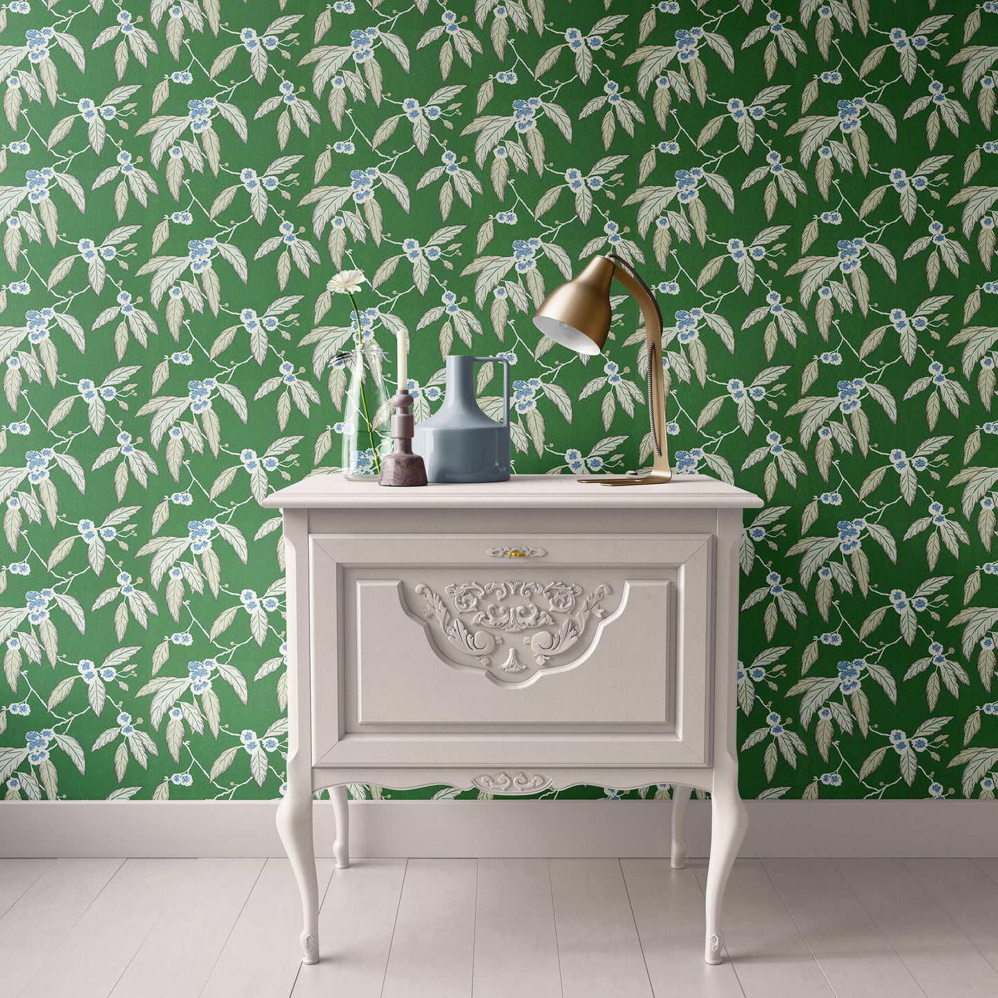 Dollhouse Wallpaper, Miniature 1:12, Green Botanical with Blue Berries