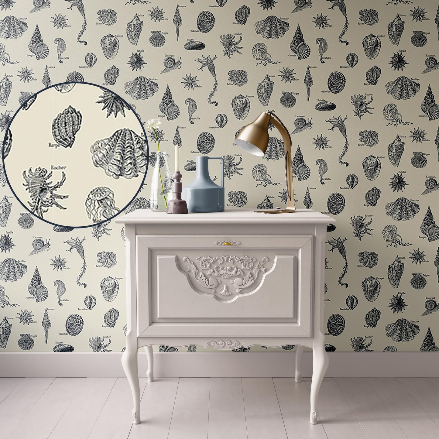 Dollhouse Wallpaper, Beige Beachy Shells, Modern Neutral Nautical, Miniature 1:12; Peel & Stick or Premium Matte