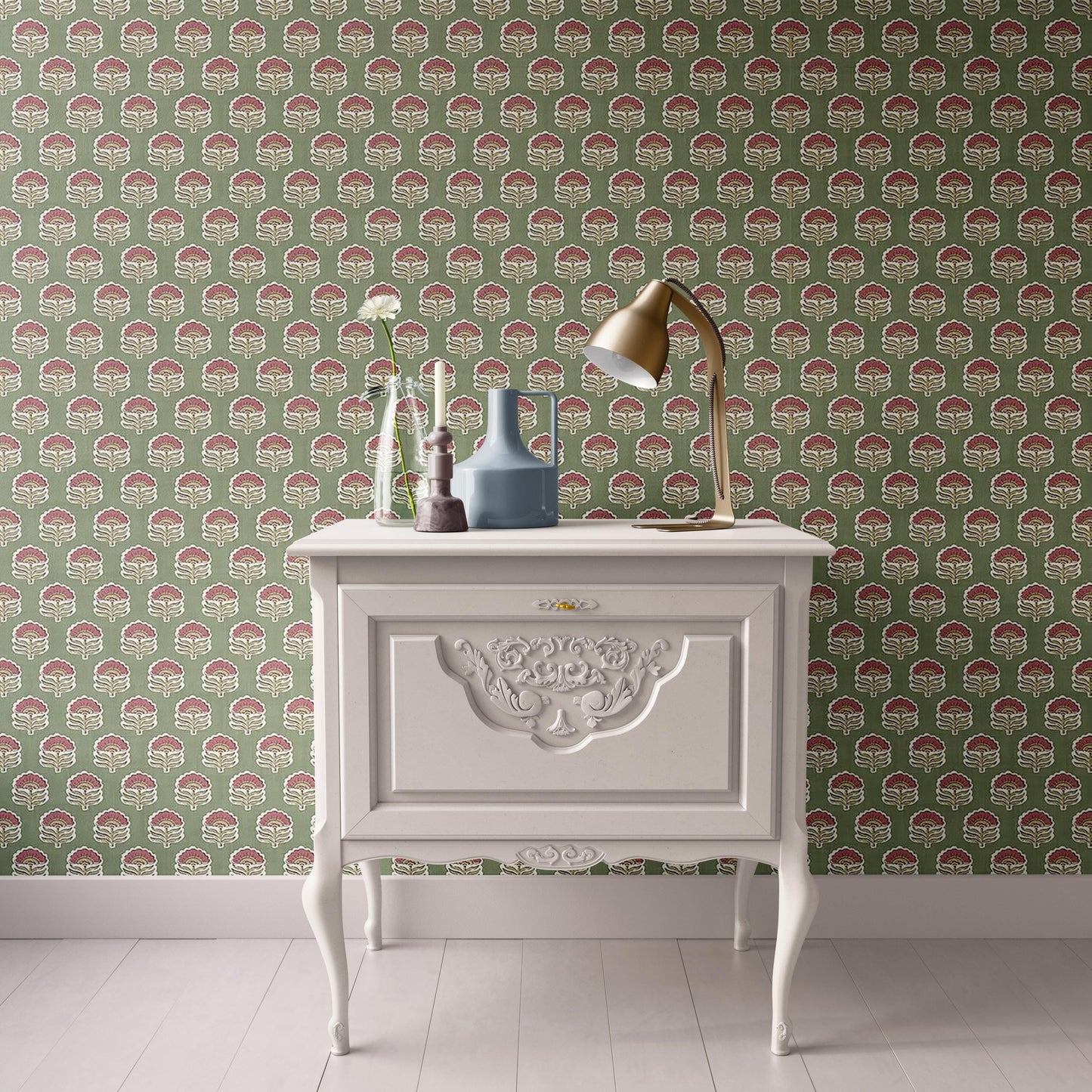 Dollhouse Wallpaper,  Miniature 1:12, Floral Block Print; Olive and Dark Pink, Traditional Peel and Stick or Premium Matte