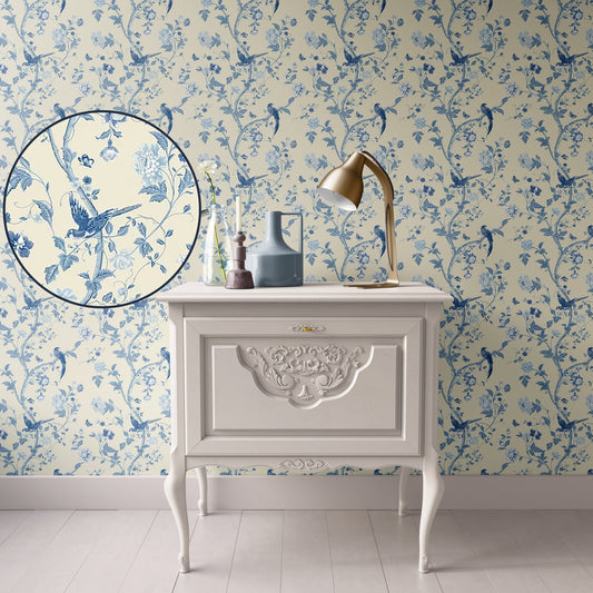 Dollhouse Wallpaper, Miniature Cream Blue Bird Chinoiserie , 1:12, Peel & Stick or Premium Matte