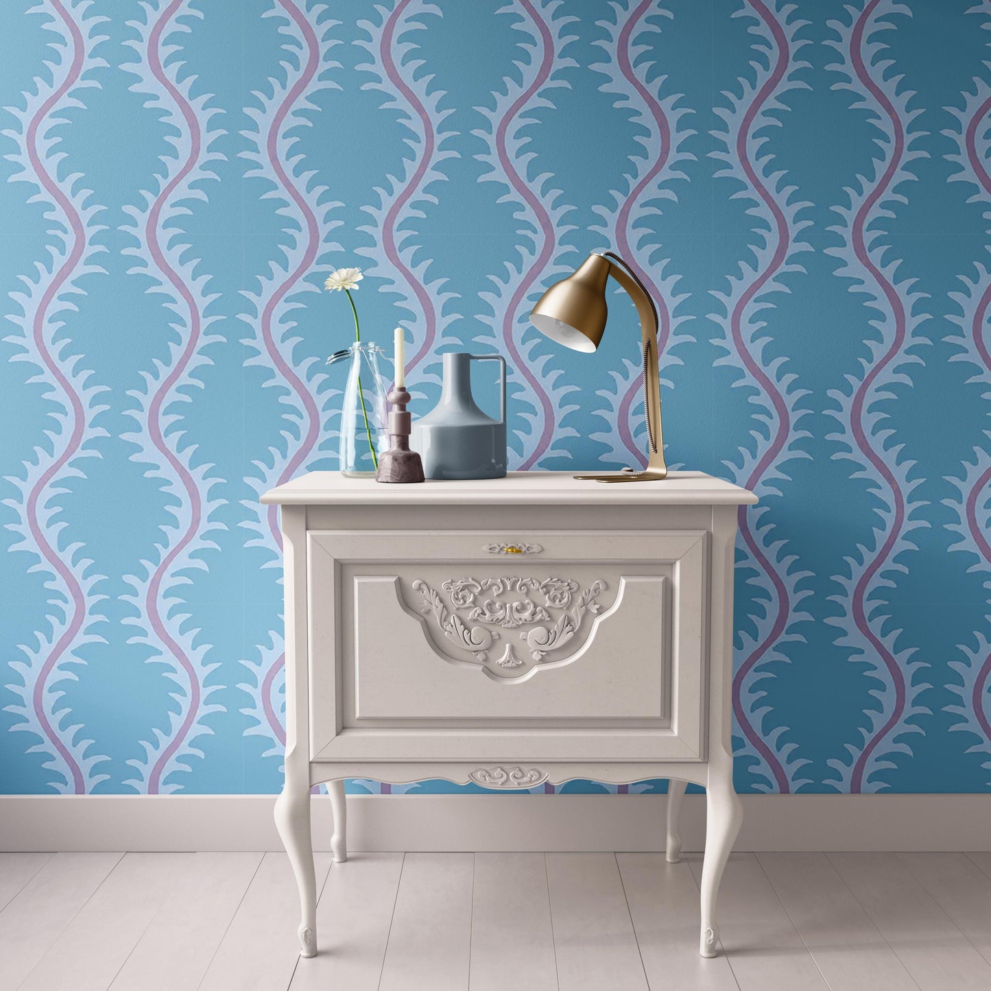 Dollhouse Wallpaper, Abstract Striped Mauve and Blue Stripe, Miniature 1:12; Peel & Stick or Premium Matte