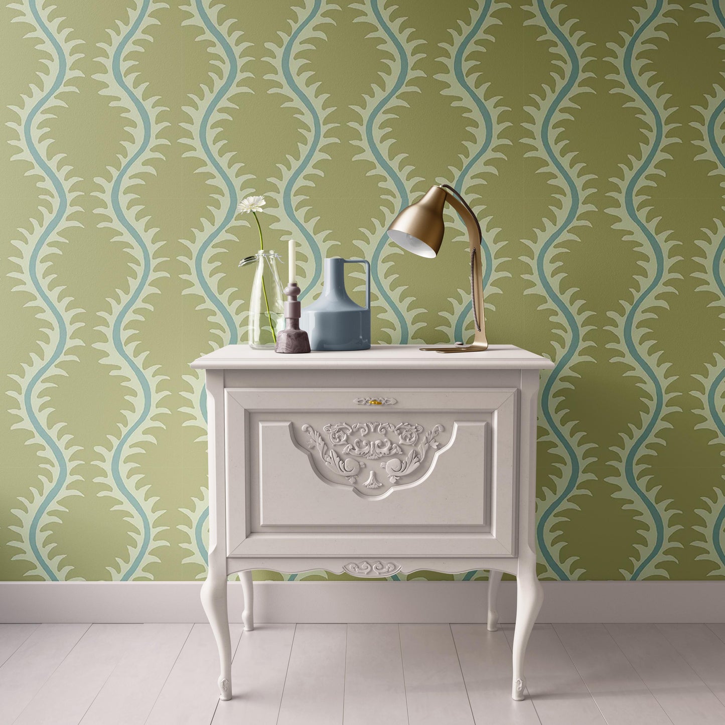 Dollhouse Wallpaper, Abstract Striped Olive Green and Blue Stripe, Miniature 1:12; Peel & Stick or Premium Matte