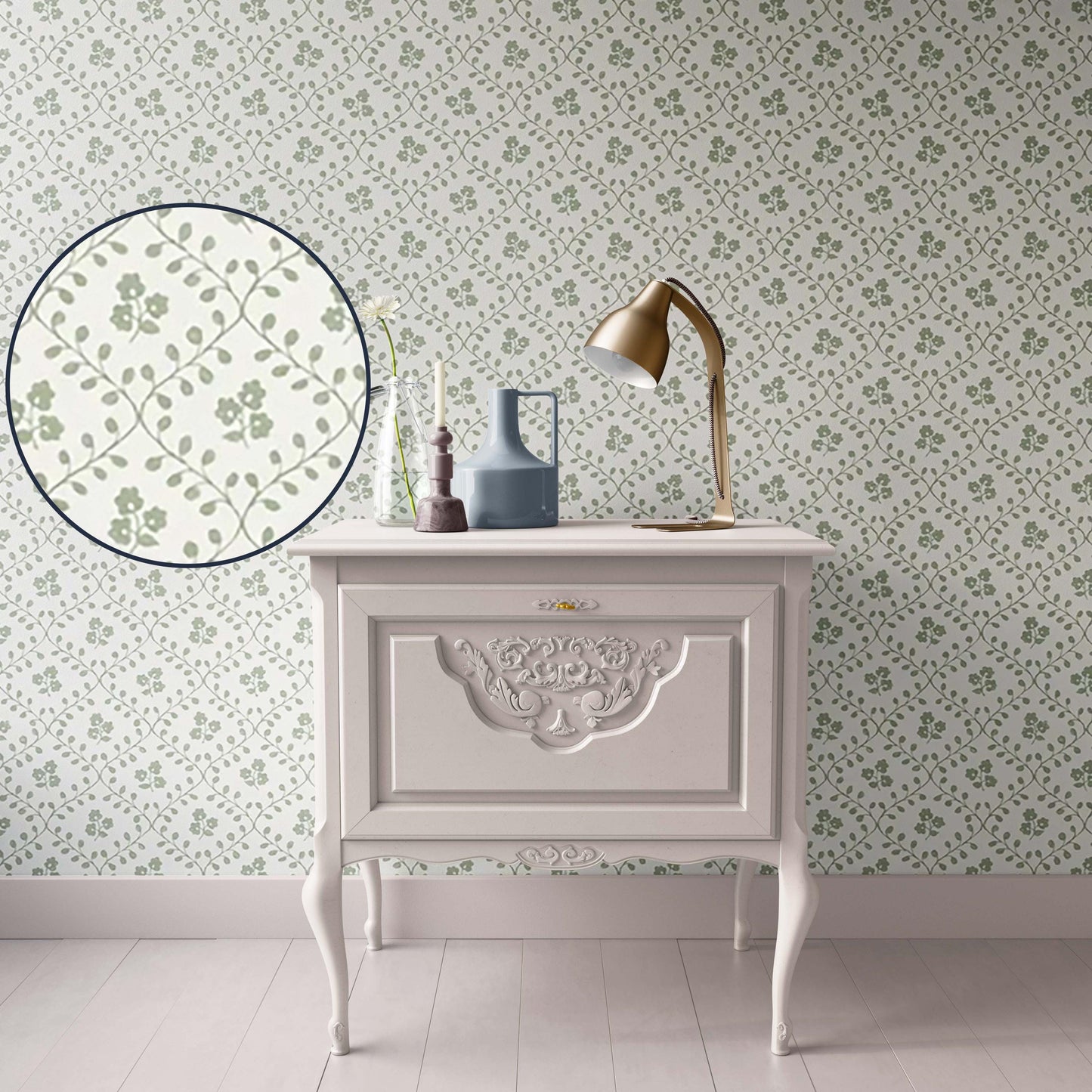 Dollhouse Wallpaper,  Miniature 1:12, Botanical Floral Shabby Chic; Sage and Off-White, Traditional Peel and Stick or Premium Matte