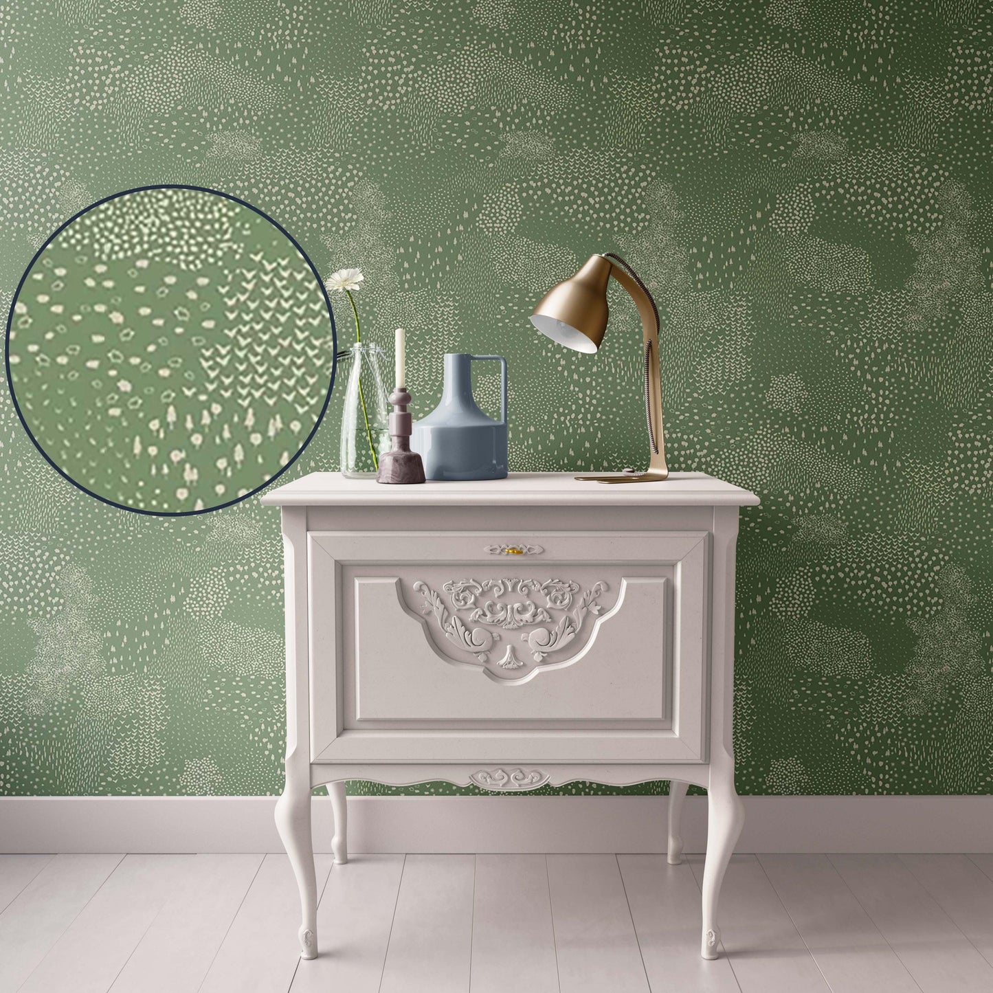 Dollhouse Wallpaper,  Miniature 1:12, Green Modern Abstract Pattern, Traditional Peel and Stick or Premium Matte