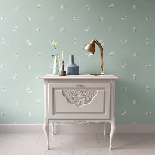 Dollhouse Wallpaper,  Miniature 1:12, Butterflies, Nursery or Children's Room, Whimsical Seafoam Blue-Green