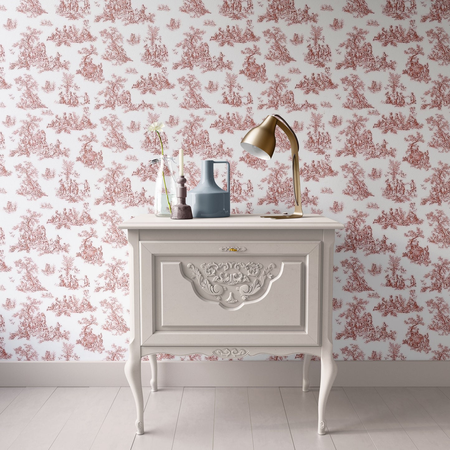 Dollhouse Wallpaper Toile,  Miniature Luxury 1:12, Red on White