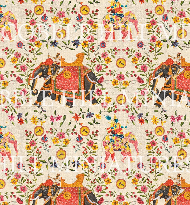 Luxury Dollhouse Wallpaper, Miniature , Exotic Elephants on Cream White Background 1:12