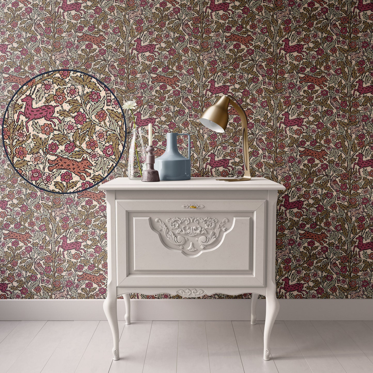 Dollhouse Wallpaper, Miniature 1:12, Forest Animals Warm Pink, Nursery