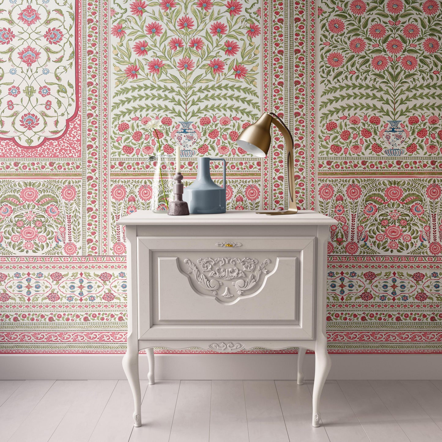 Dollhouse Wallpaper,  Miniature 1:12, Floral Block Print Panel; Indian Pink and Green, Traditional Peel and Stick or Premium Matte