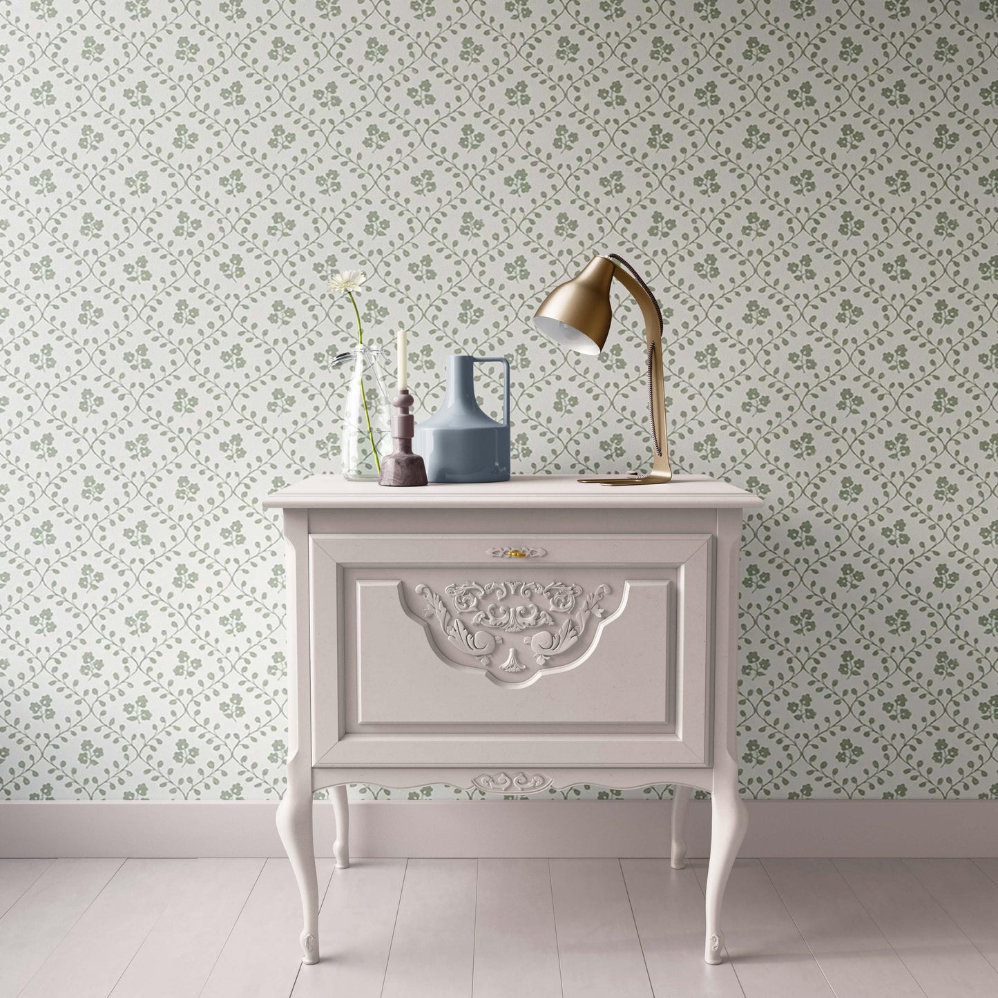 Dollhouse Wallpaper,  Miniature 1:12, Botanical Floral Shabby Chic; Sage and Off-White, Traditional Peel and Stick or Premium Matte