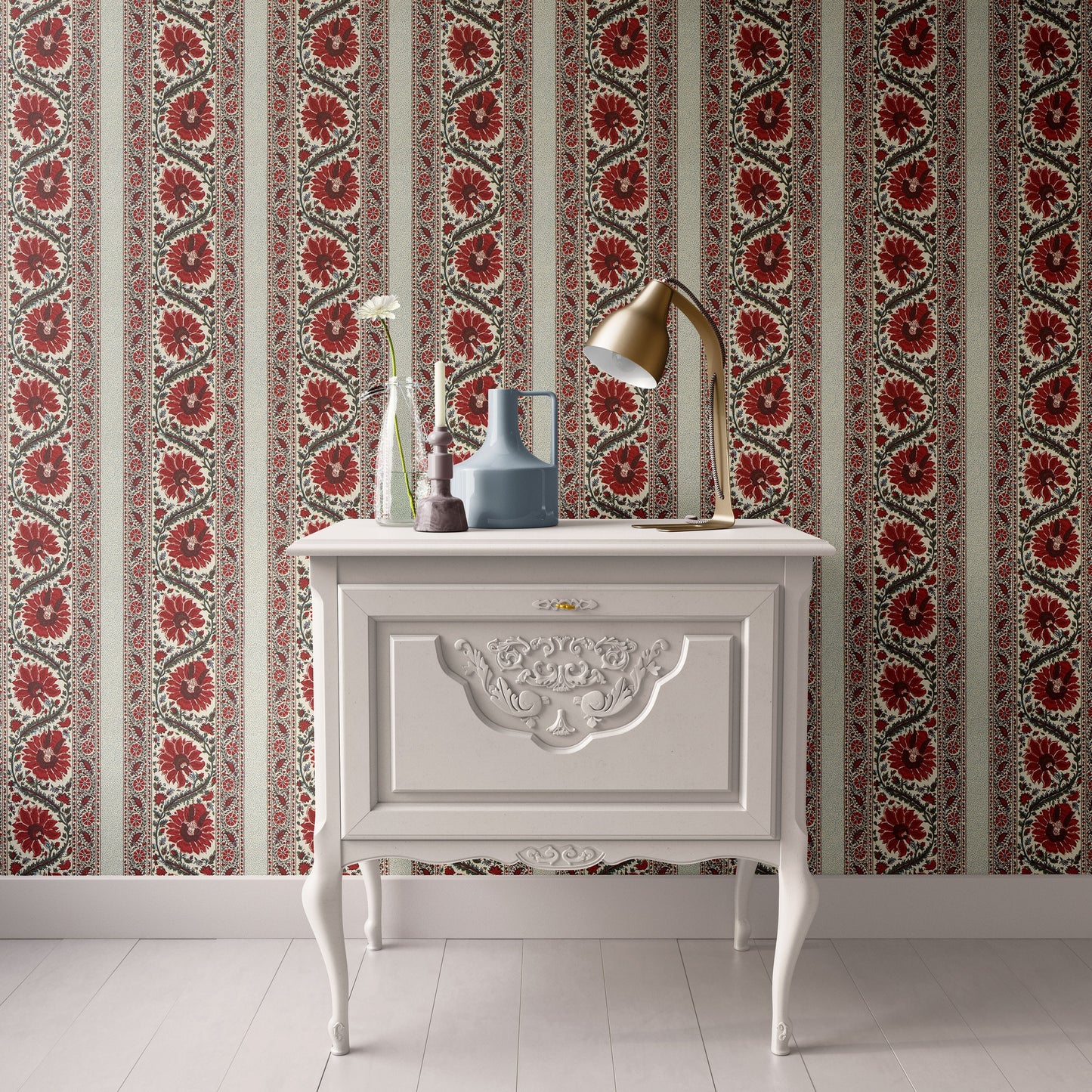 Dollhouse Wallpaper, Miniature  Striped Red Floral, 1:12; Peel and Stick or Premium Matte