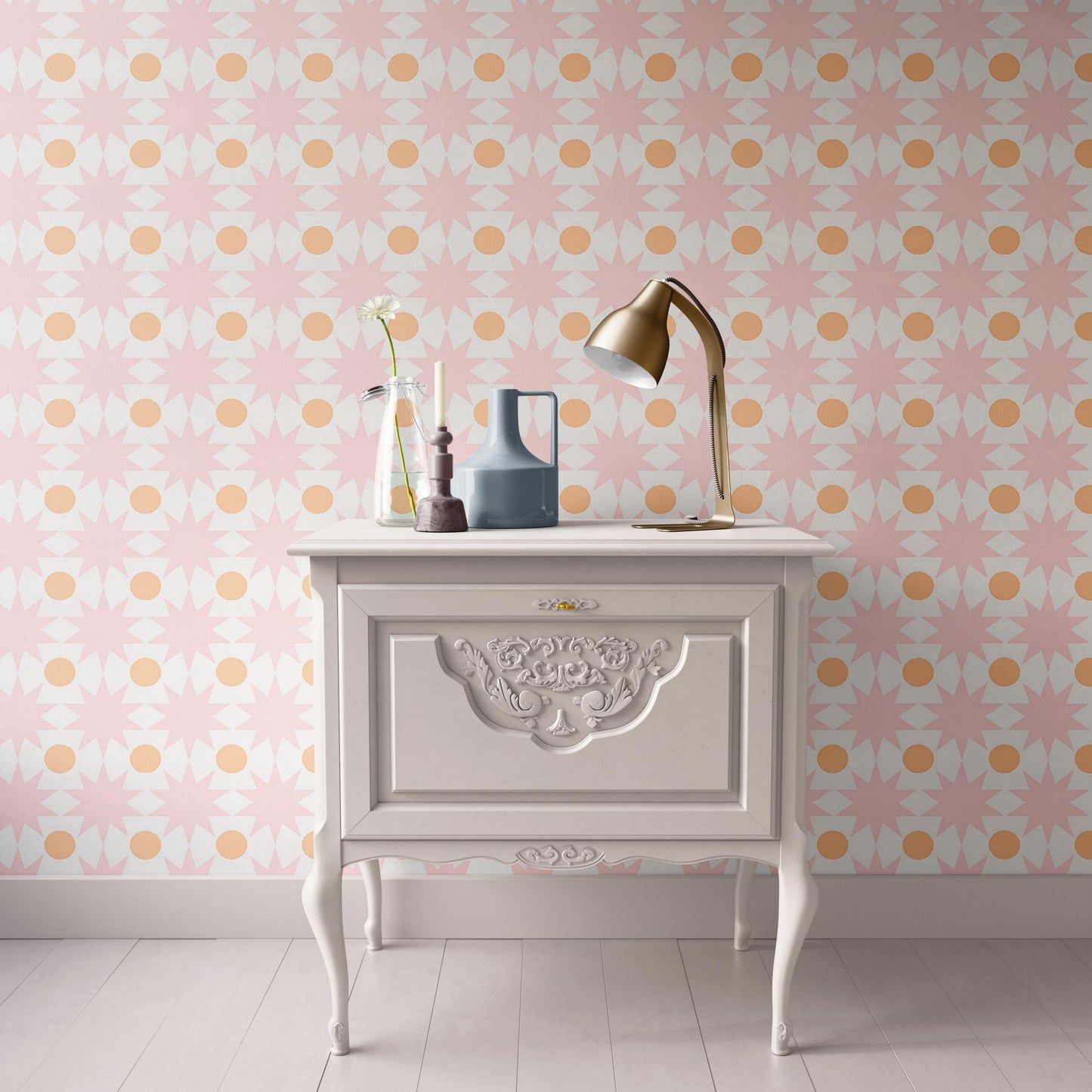 Dollhouse Wallpaper, Geometric Modern Pink and Orange, Miniature 1:12; Peel & Stick or Premium Matte