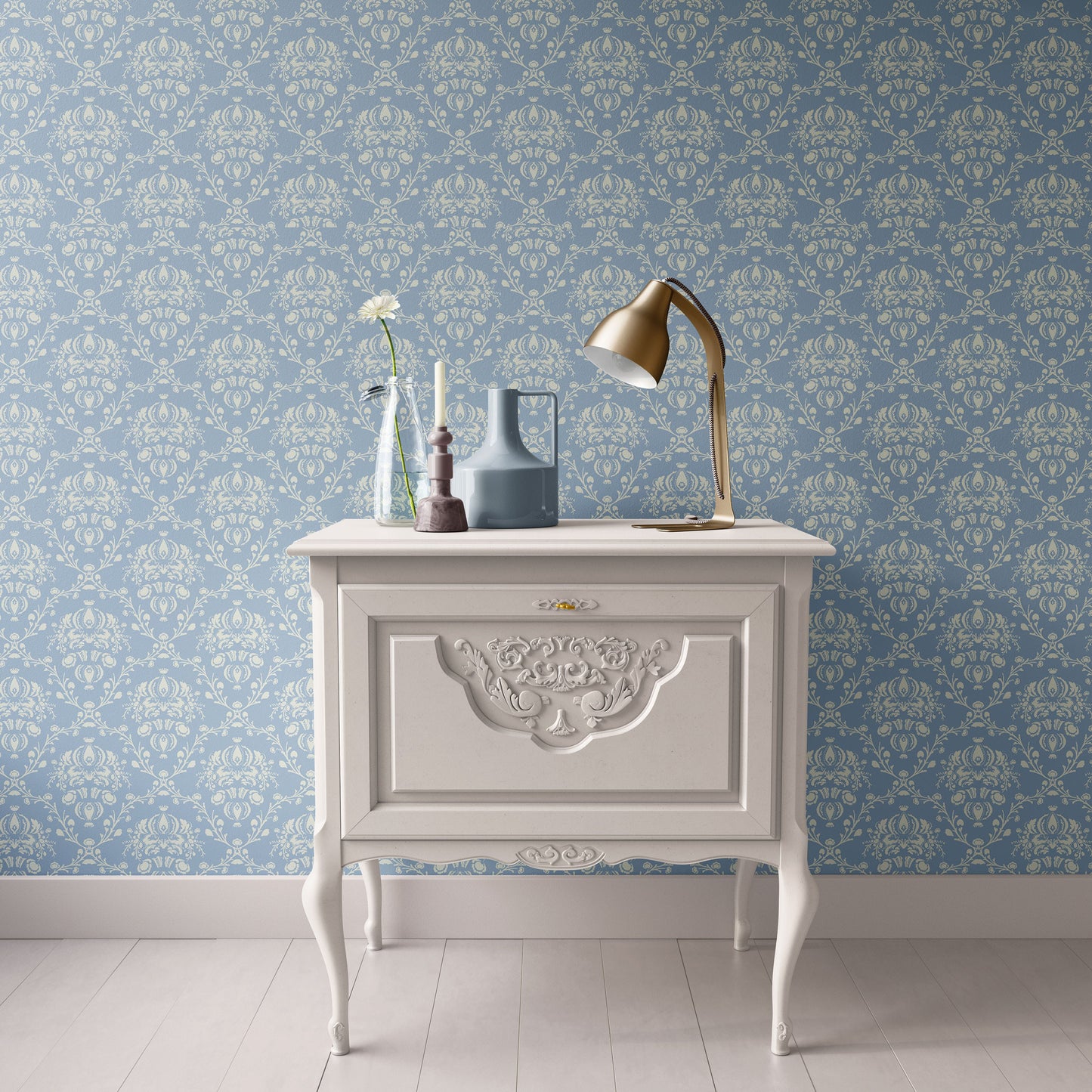 Dollhouse Wallpaper, 1:12 Miniature, Traditional Blue Damask, Peel & Stick or Premium Matte; Victorian