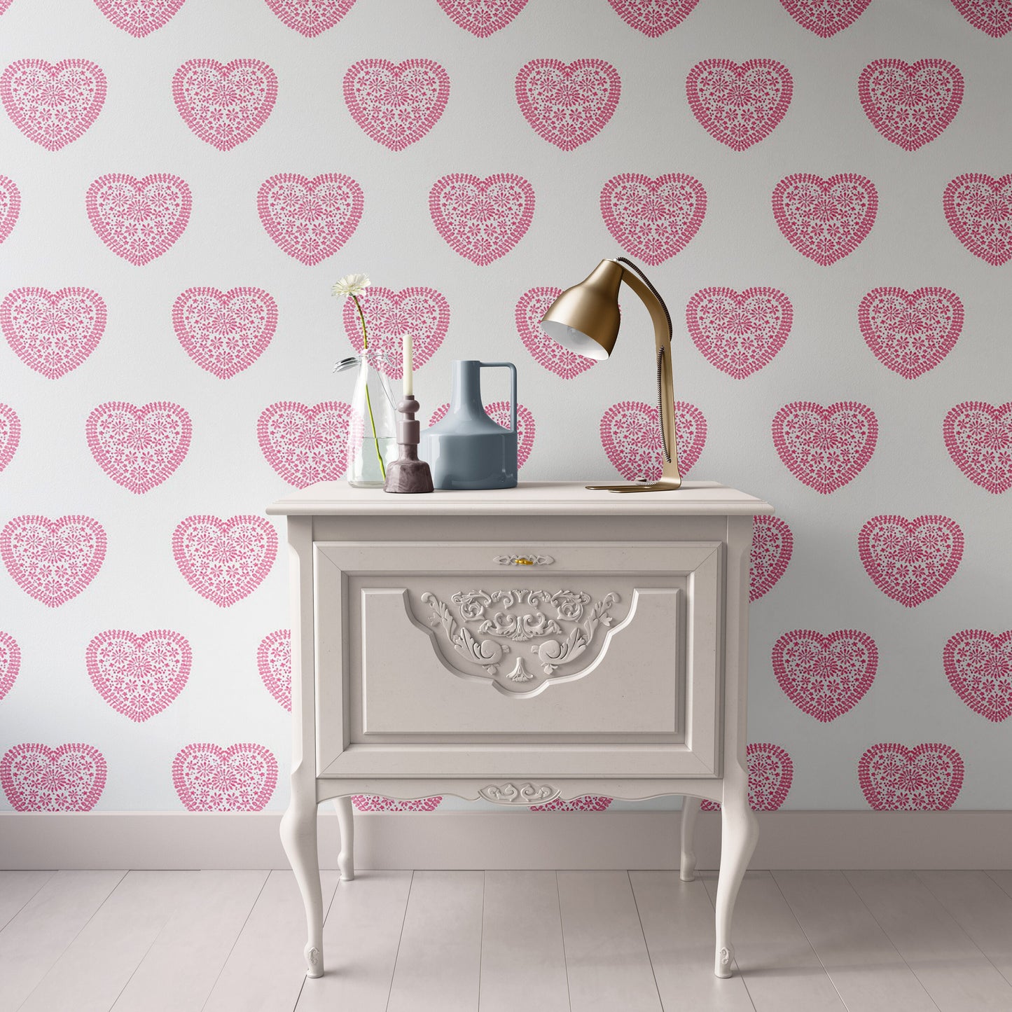 Dollhouse Wallpaper,  Miniature 1:12, Whimsical Pink Hearts, Girly Nursery or Bedroom