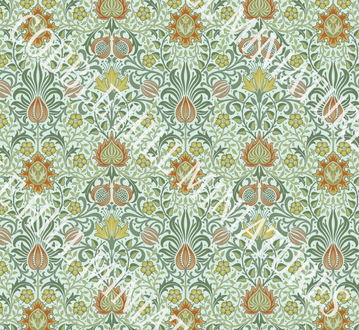 Dollhouse Wallpaper, 1:12 Miniature, Victorian Light Green and Blue William Morris Inspired Pattern