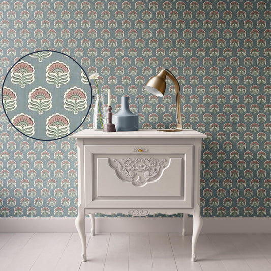 Dollhouse Wallpaper,  Miniature 1:12, Floral Block Print; Faded Denim and Pink, Traditional Peel and Stick or Premium Matte