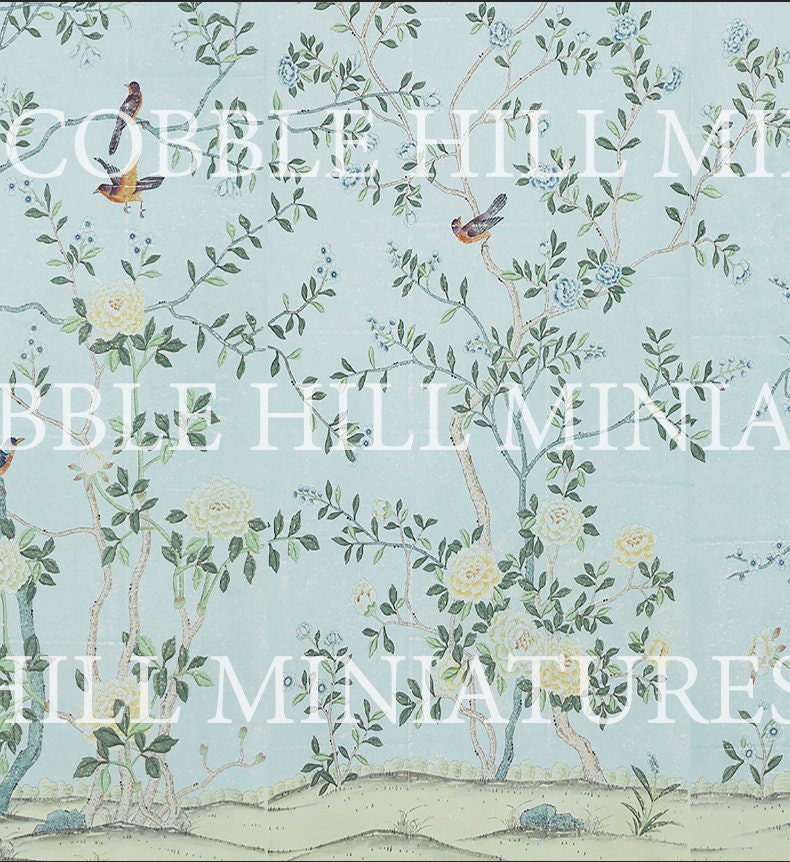 Dollhouse Wallpaper, Miniature  Light Blue Floral, 1:12, Peel and Stick or Premium Matte