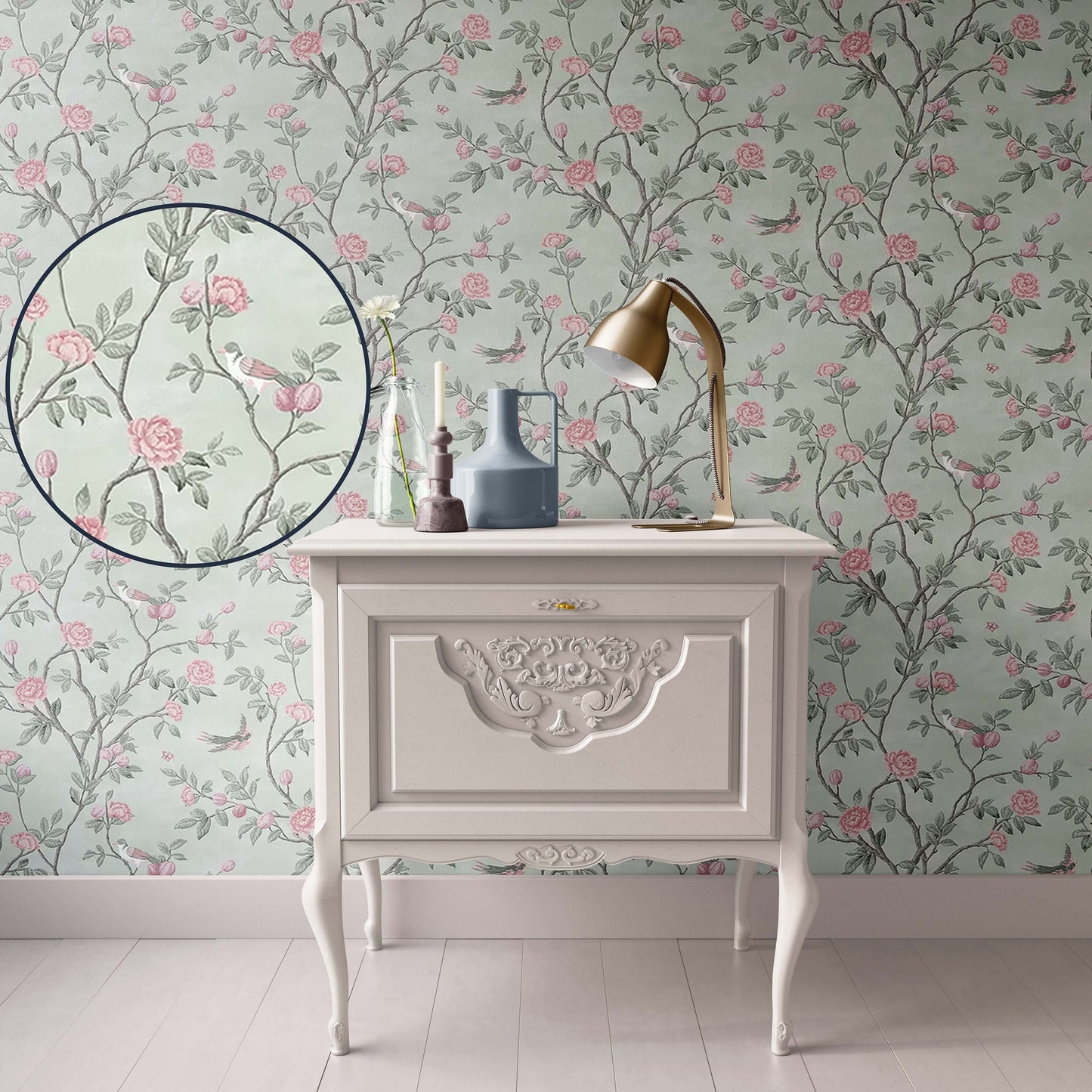 Dollhouse Wallpaper, Miniature Pink Green Bird Chinoiserie , 1:12, Peel & Stick or Premium Matte