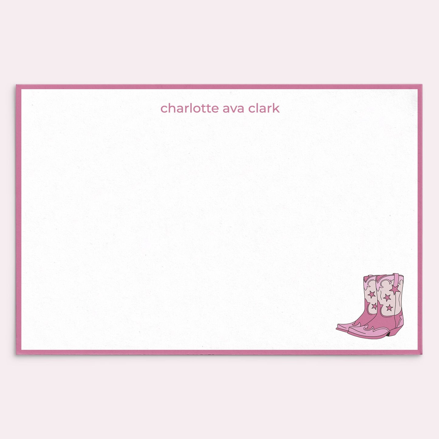 Personalized Cowgirl Stationery, Trendy, Cute, Girly, and Modern Boots Pink Border Notecard Set, Thank You Notes, Bachelorette Cowboy