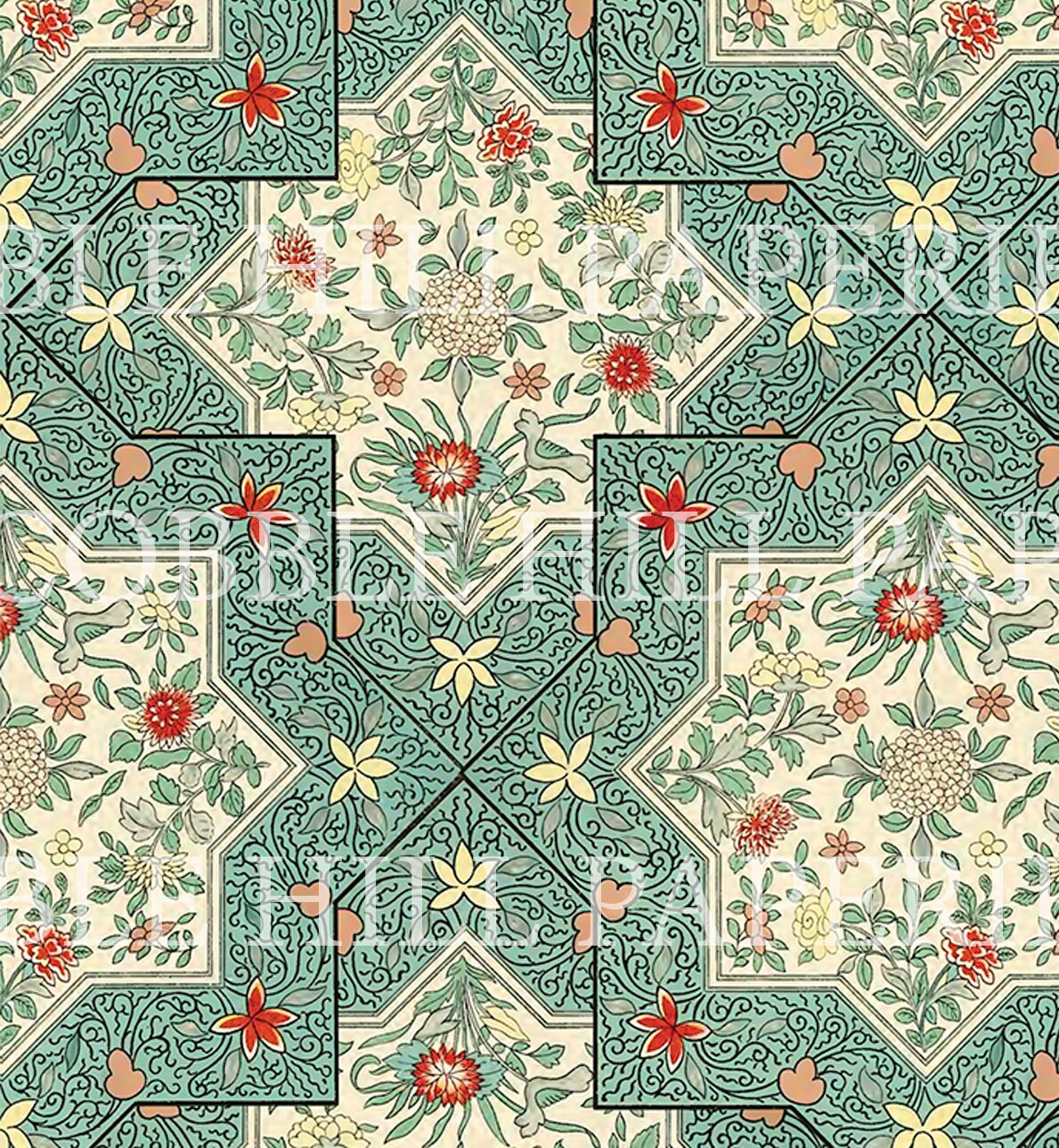 Dollhouse Wallpaper, 1:12 Miniature, Green Floral Tile Art Nouveau, Victorian